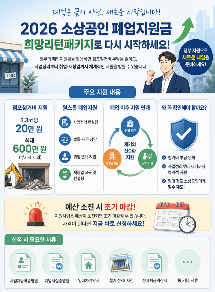 2026 소상공인 폐업지원금 자격 조건 및 희망리턴패키지 점포철거비 신청방법 2 소상공인 폐업지원금 희망리턴패키지 안내