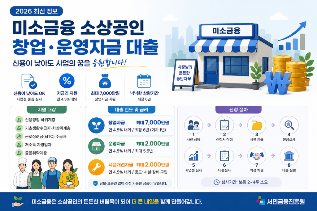 2026 미소금융 소상공인 창업·운영자금 대출 조건 및 신용점수별 한도 안내 1 미소금융 소상공인 정보가 담긴 인포그래픽
